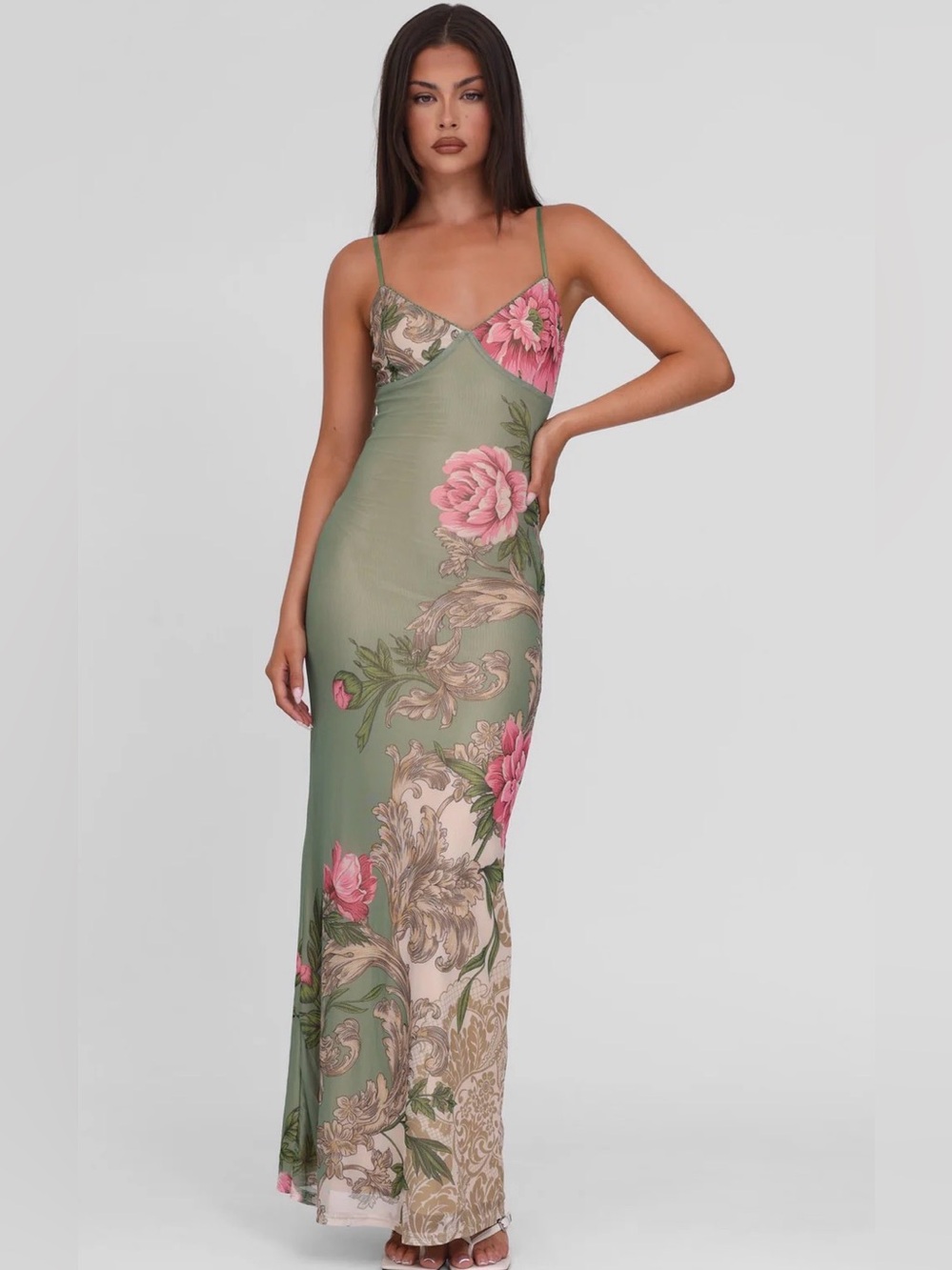 Tiger Mist Julianna Green Floral Maxi Dress with Pink Blooms Revolve BNWT NWT M